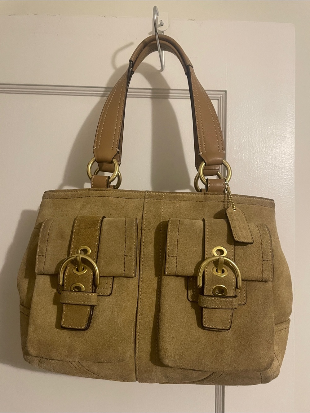Coach Tan Suede Shoulder Bag with Gold Hardware